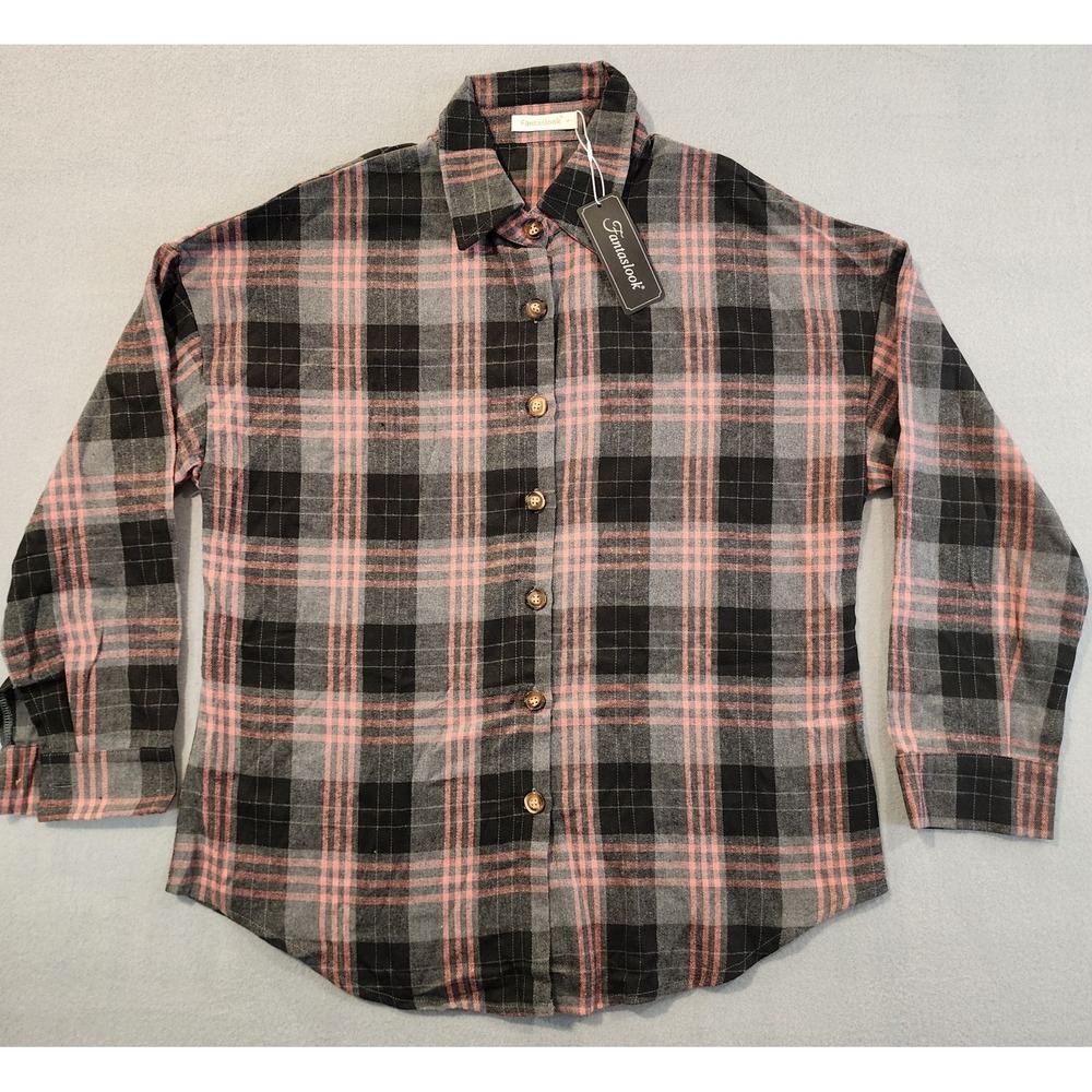 Fantaslook‎ Women's Plaid Flannel Shirt Button Front Pink Gray Black Large NWT